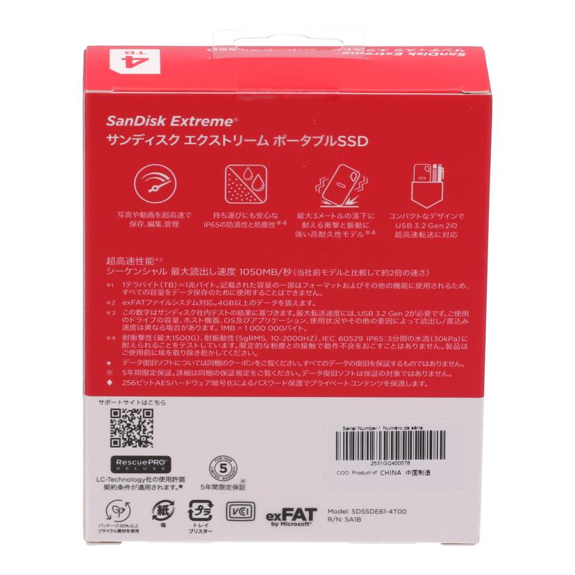SanDisk サンディスク/ポータブルSSD 4TB 未使用/SDSSDE61-4T00-J25//2531GQ400578/Sランク/77