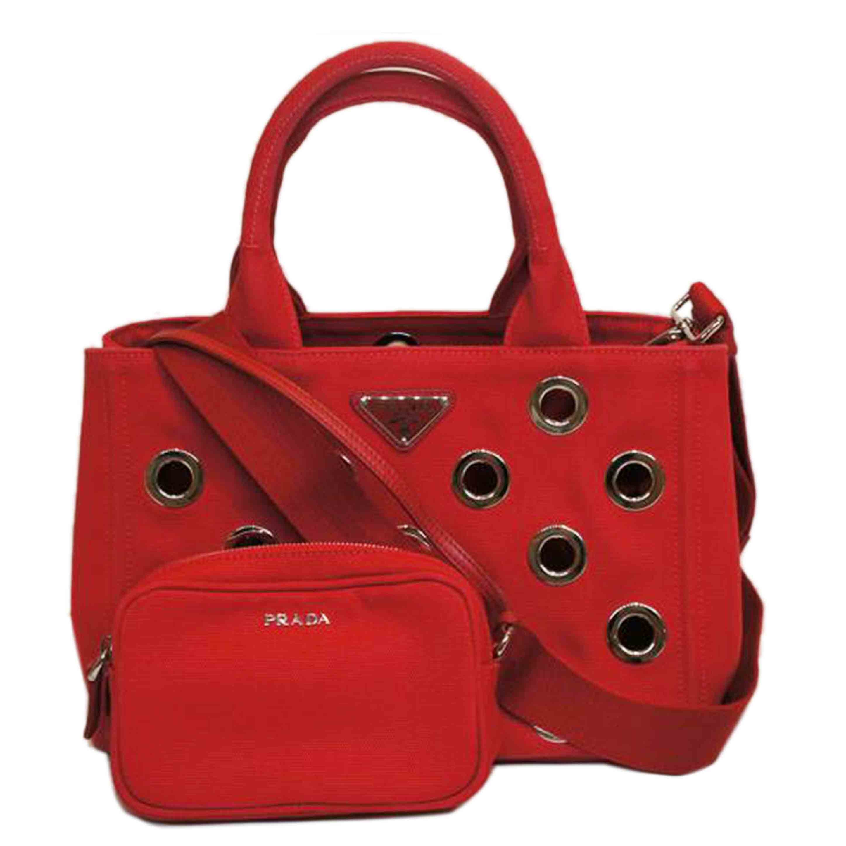 PRADA プラダ/カナパ2WAY/ポーチ付/グロメットキャンバス/パンチングスタッズ/レッド/1BA439//14/*/Aランク/92