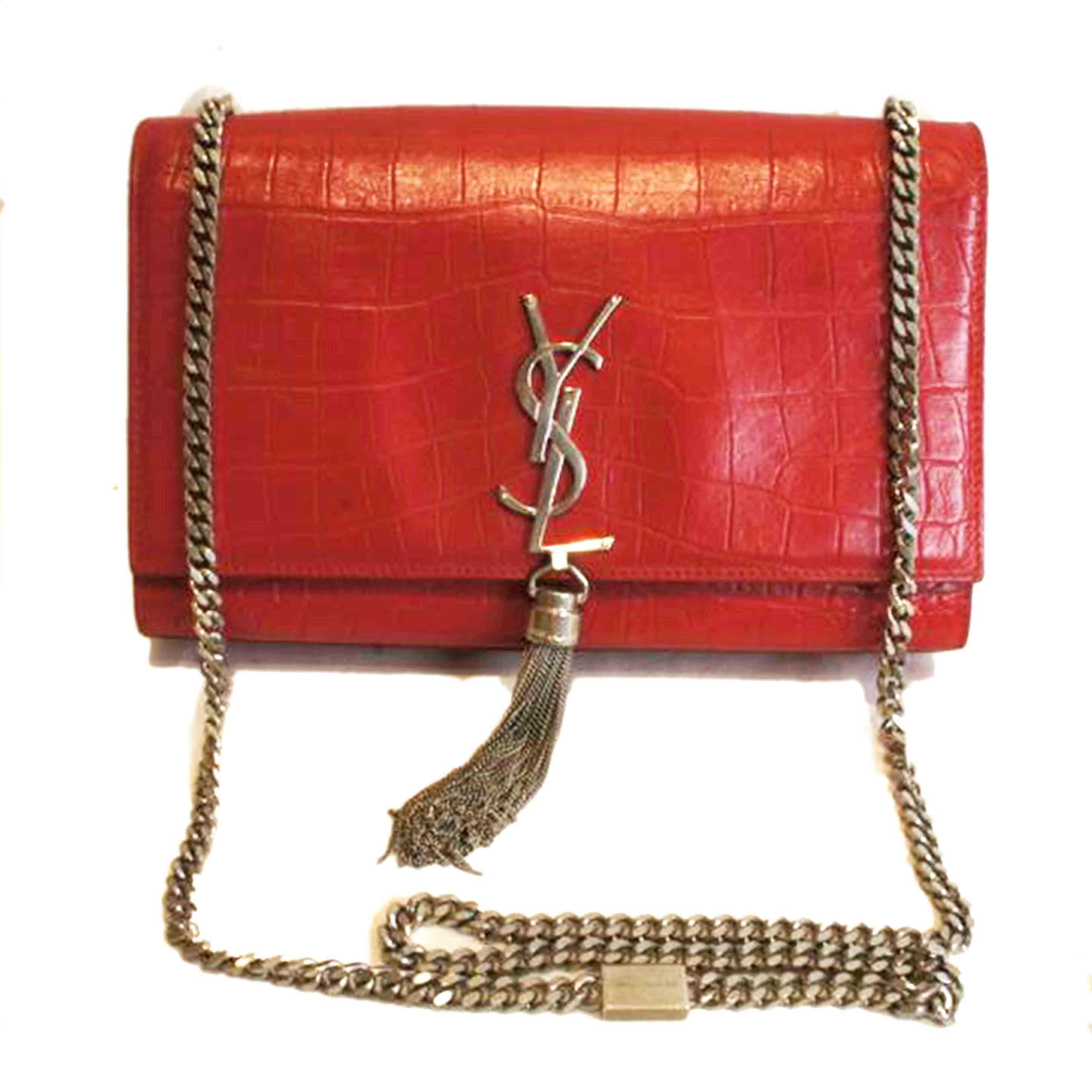 SAINT LAURENT サンローラン/YSLロゴクロコ型押レザーチェーンショルダーレッド//ABランク/92
