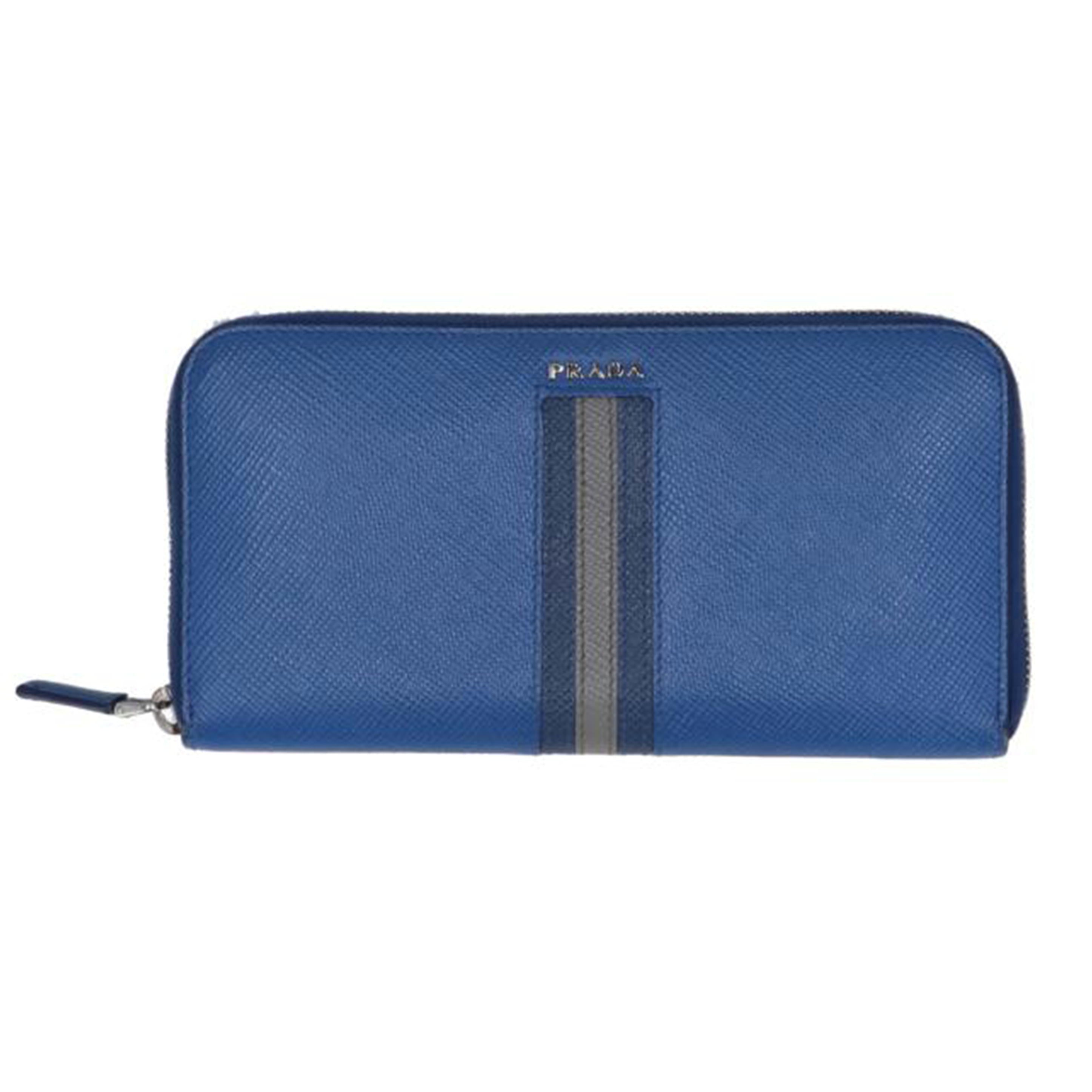 PRADA プラダ/PRADA ストライプラウンドジップウォレット/ブルー//Bランク/75