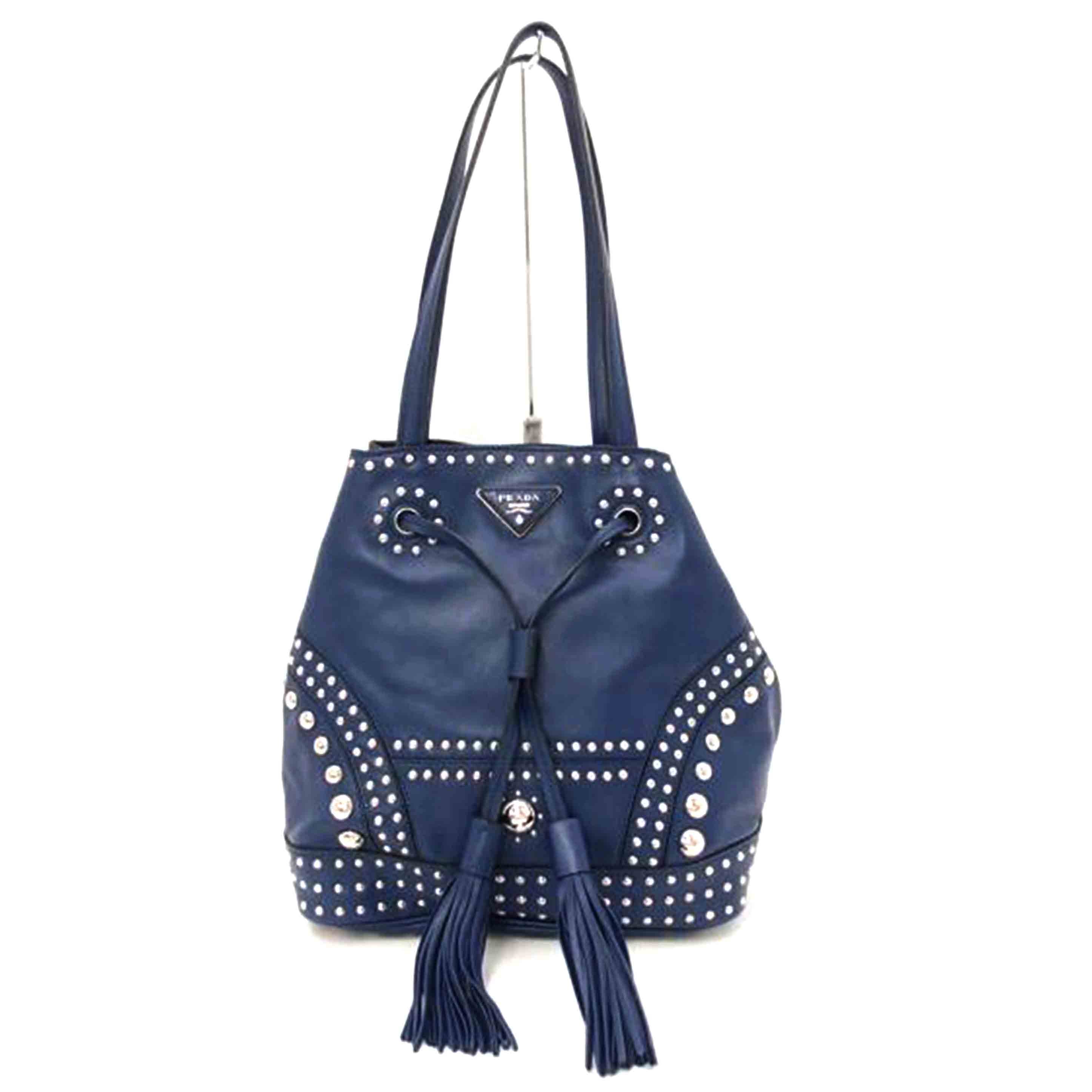 PRADA プラダ/レザースタッズフリンジドローストリングトート/ブルー/B5061M//8/Aランク/69
