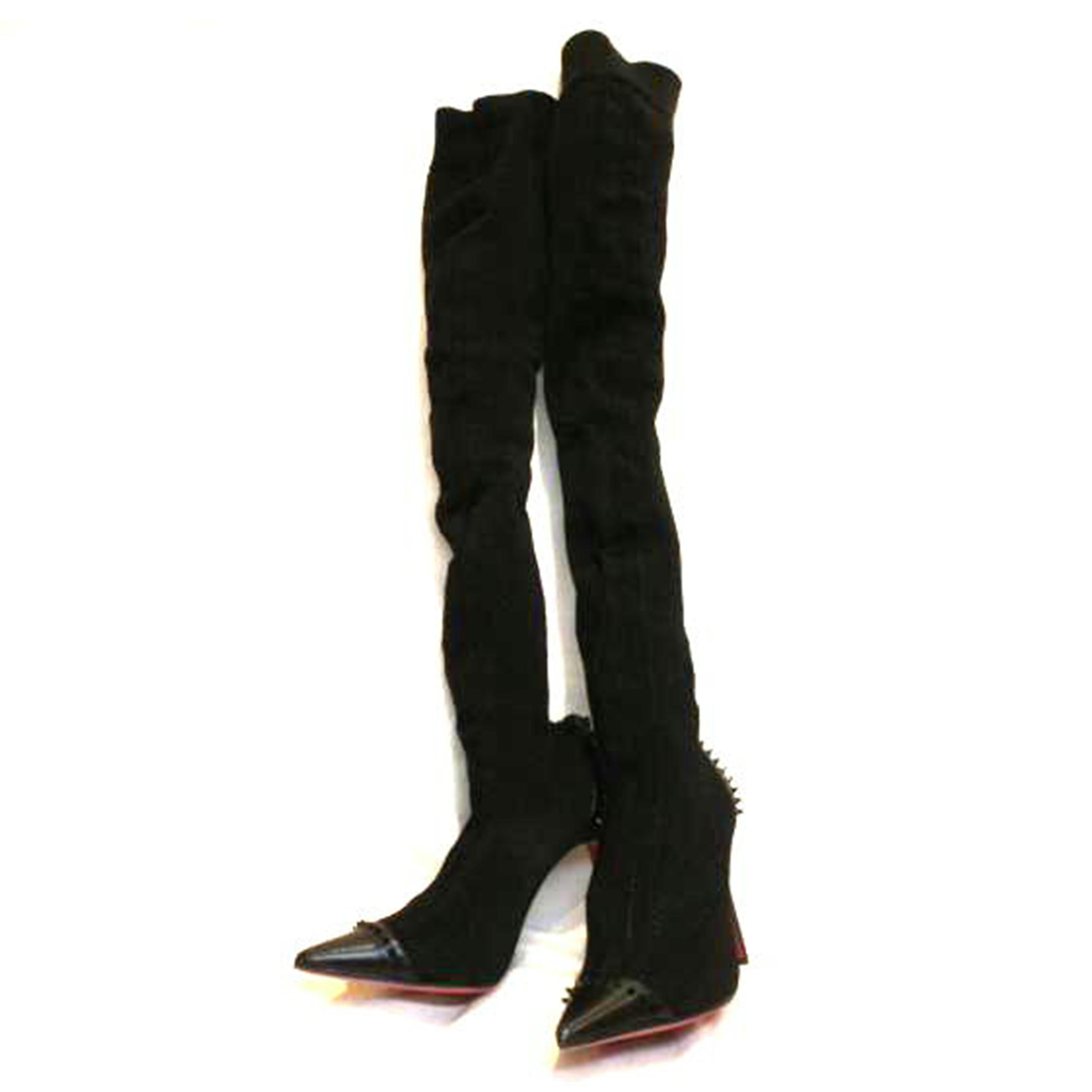 C.Louboutin ルブタン/スタッズニットニーハイブーツピンヒールブラック//ABランク/92