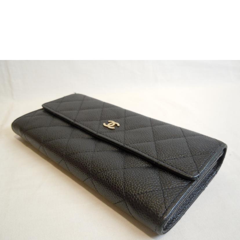 CHANEL/キャビアスキンフラップロングウォレットブラック/A50096//171*****/ABランク/92