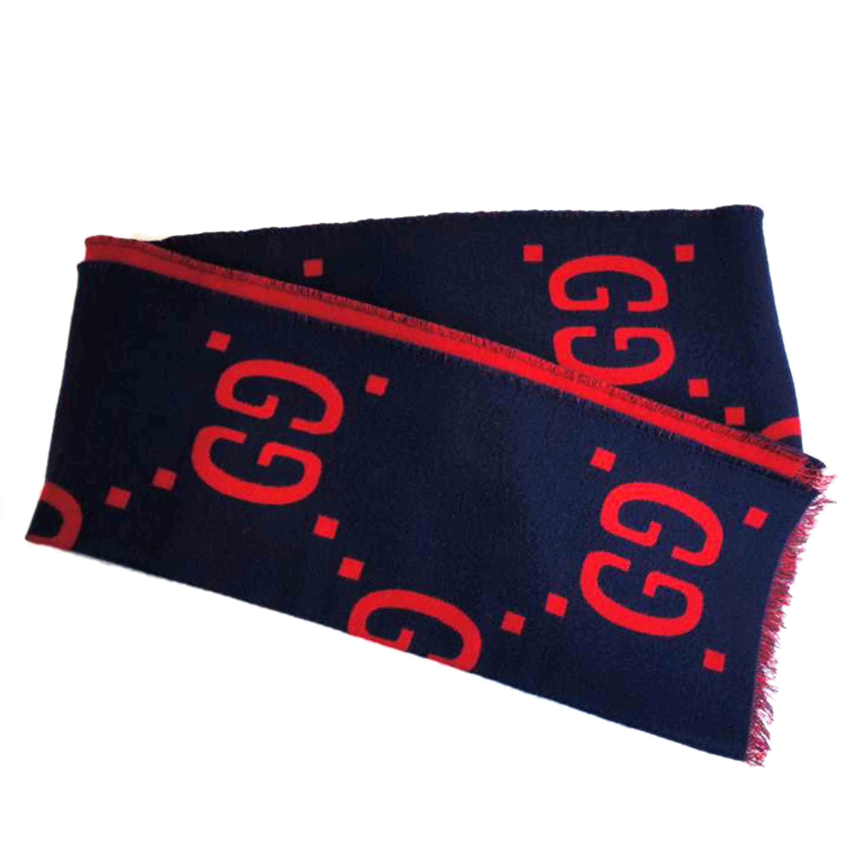 GUCCI グッチ/ウールGGマフラーネイビーレッド//Aランク/92
