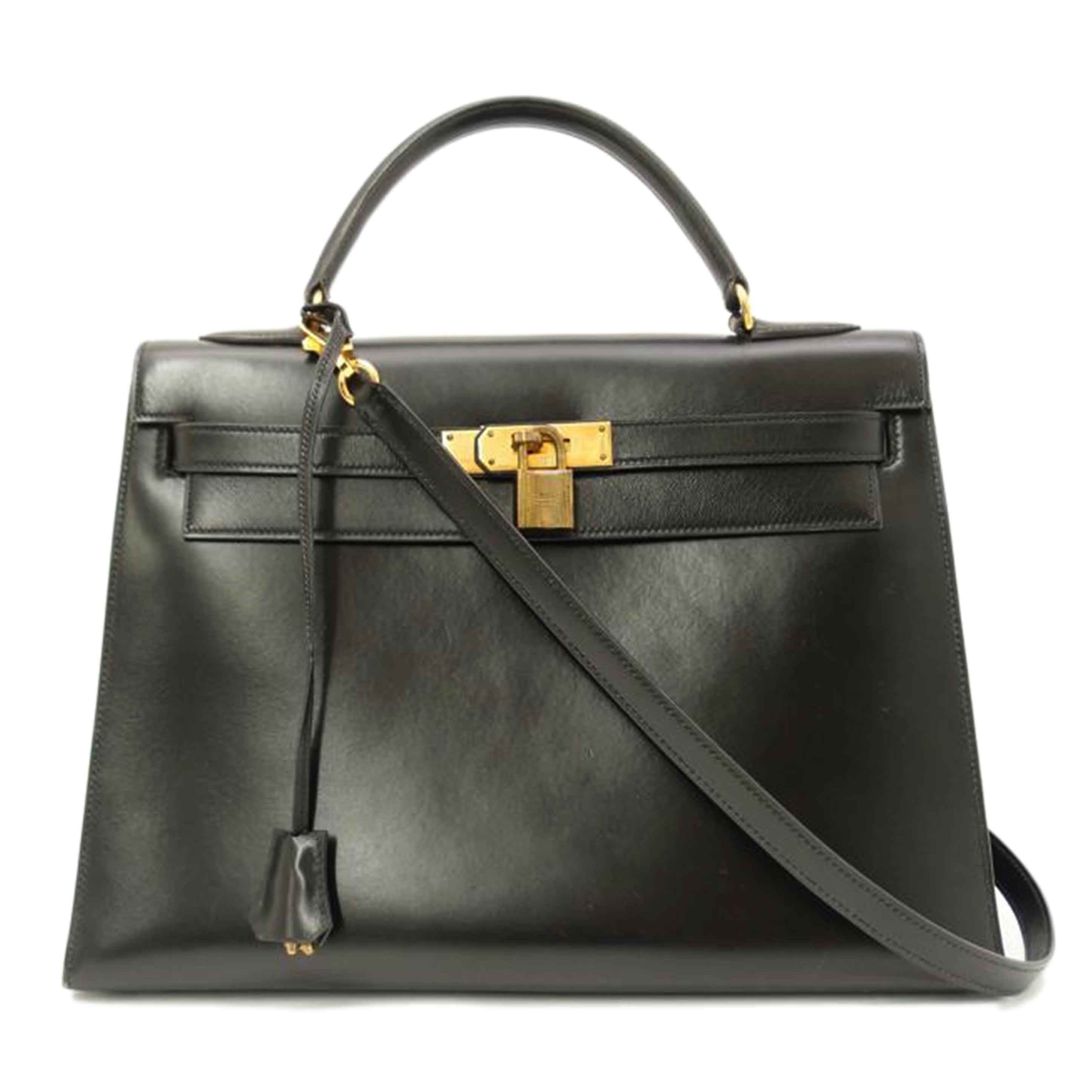 HERMES エルメス 1975年頃製造 外縫い 黒 ハンド 2WAY 肩掛け ゴールド金具 レディース/ケリー32/ボックスカーフ/ブラック//E刻印(1975)/ABランク/69