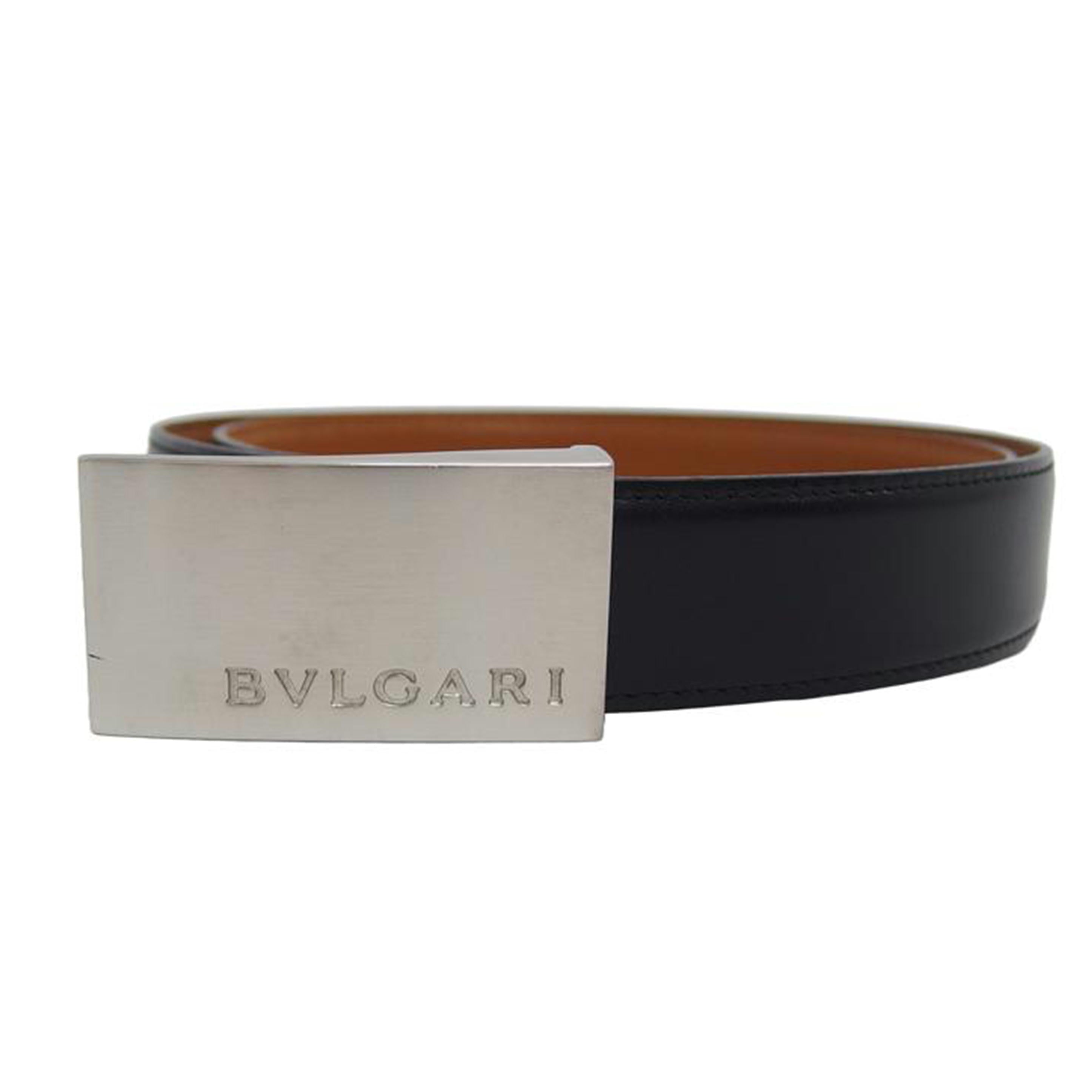 BVLGARI ブルガリ レザーベルト ブラック×キャメル/スクエアロゴバックル/シルバー金具/リバーシブルレザーベルト//ABランク/04