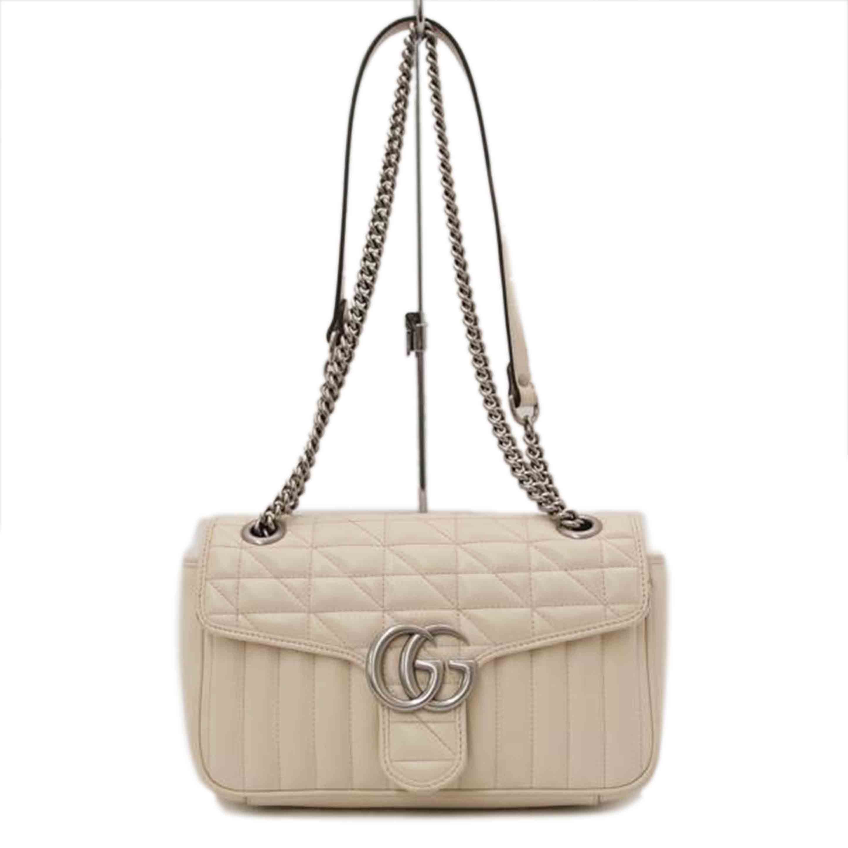 GUCCI グッチ 白 レザー ショルダーバッグ シルバー金具 斜め掛け 肩掛け /GGマーモントキルティングチェーンショルダー/ホワイト/443497//520***/ABランク/69