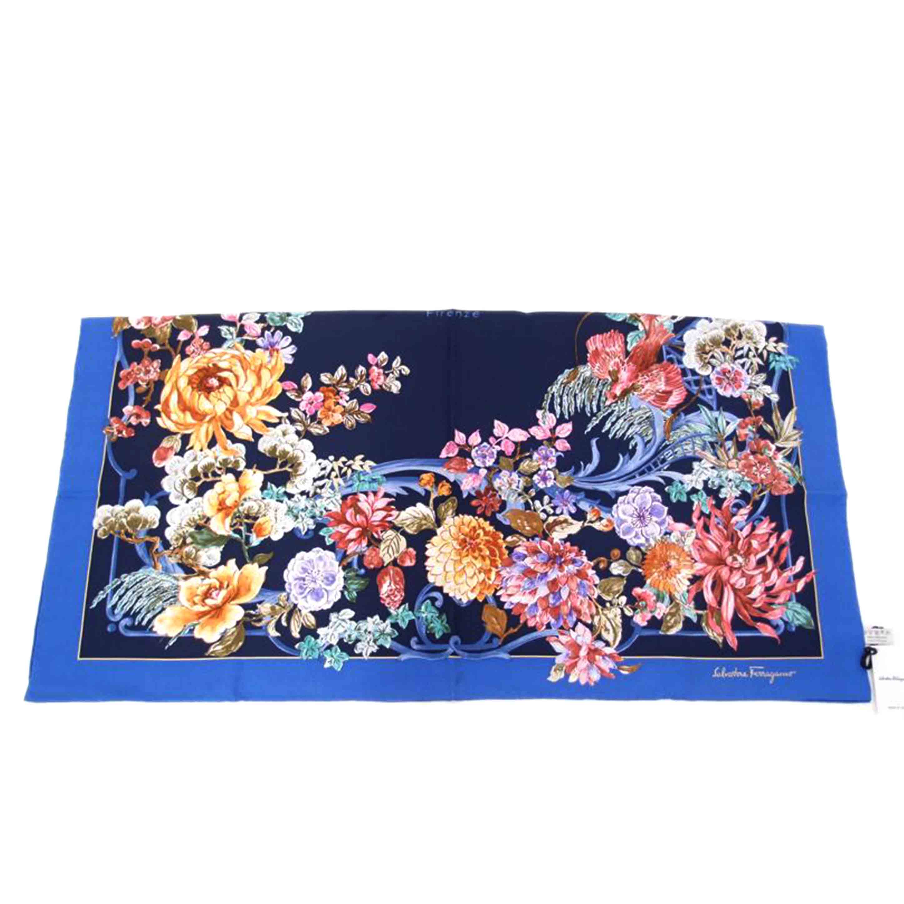 Ferragamo フェラガモ 大判 レディース/シルクスカーフ90×90/フラワー/ブルー//Sランク/69