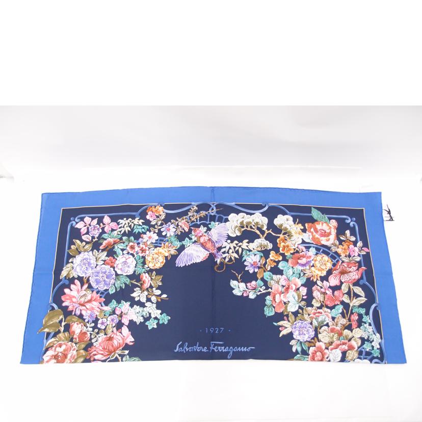Ferragamo フェラガモ 大判 レディース/シルクスカーフ90×90/フラワー/ブルー//Sランク/69
