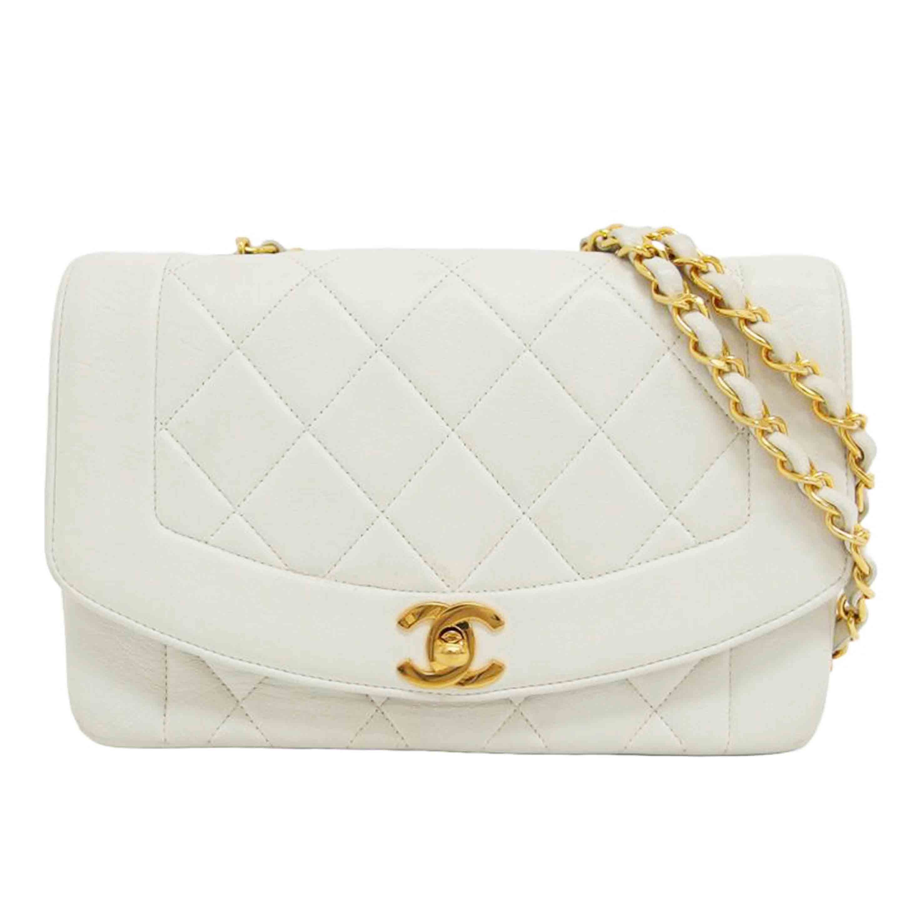 CHANEL シャネル ココマーク ゴールド金具 ホワイト/マトラッセ/ダイアナフラップ/ラムスキンチェーンショルダーバッグ//233****/Bランク/04