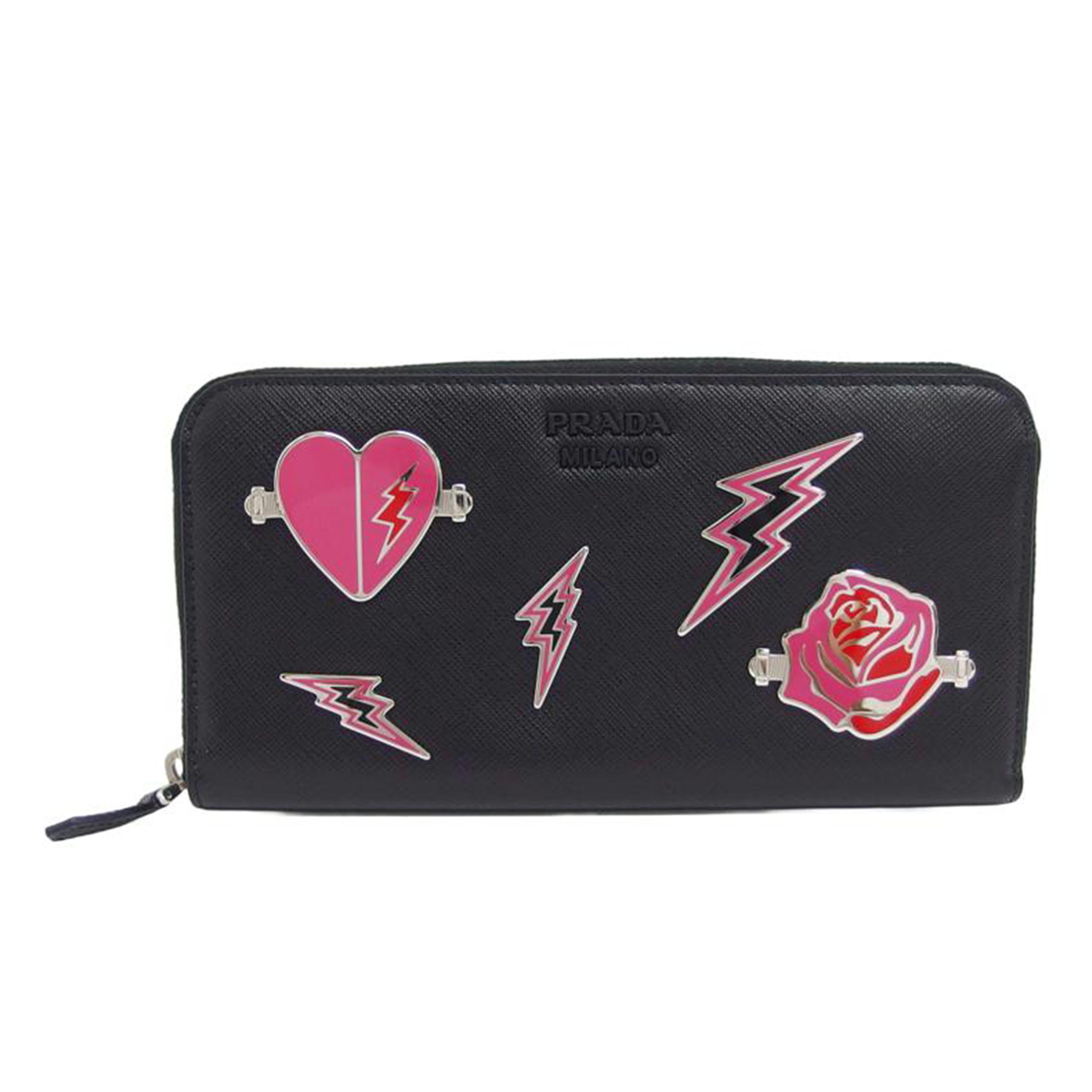 PRADA プラダ メタルハート ローズ ブラック/サフィアーノ/ラウンドファスナー長財布/1ML506//85/Aランク/04