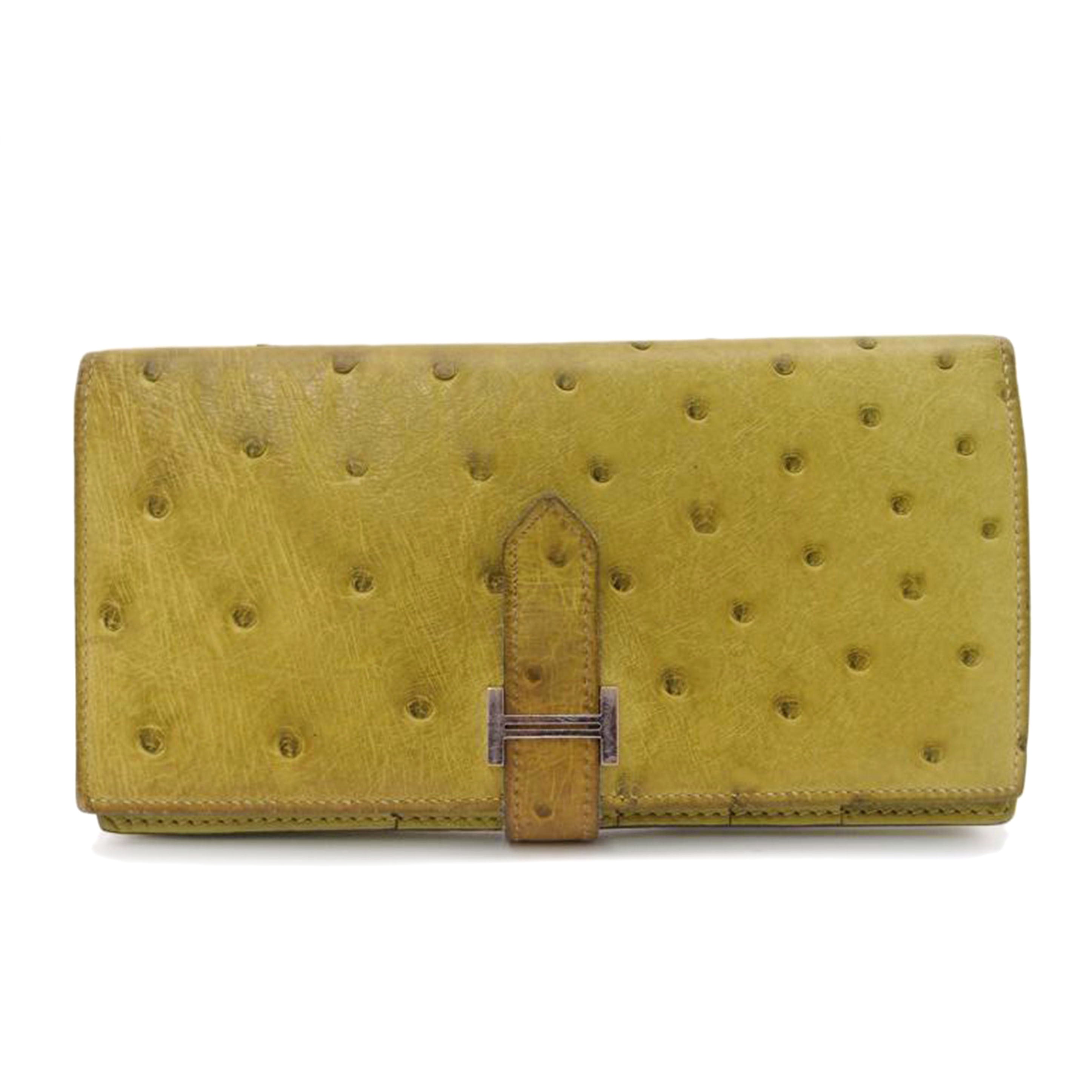 HERMES エルメス 長財布 2009年製 レザー シルバー金具 グリーン系/ベアンスフレ/オーストリッチ/アニスグリーン//口M刻印(2009)/ABランク/69