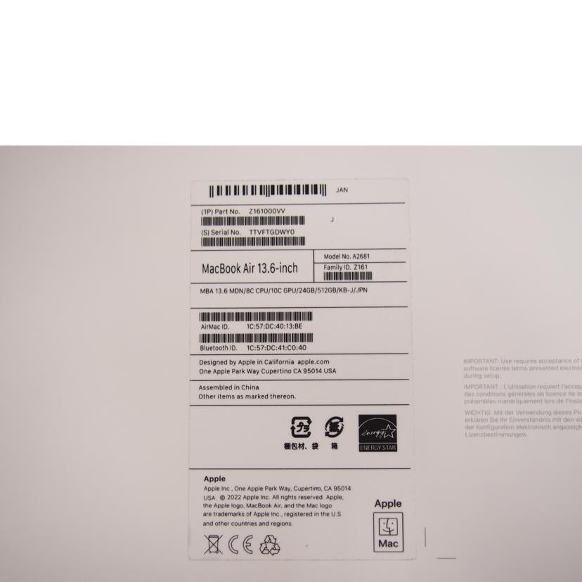 Apple アップル/MacBook Air 13.6/MLY43J/A/MLY43J/A//TTVFTGDWY0/Aランク/76