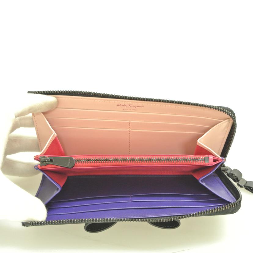 Ferragamo フェラガモ/ヴェラリボン L字ファスナー長財布 黒/JP-22//D289/Bランク/87