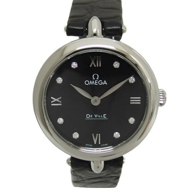 OMEGA オメガ ブラック文字盤 レディース/デビル/プレステージ/デュードロップ/8Pダイヤ/クォーツ/424.13.27.60.51.001 //931*****/Aランク/04