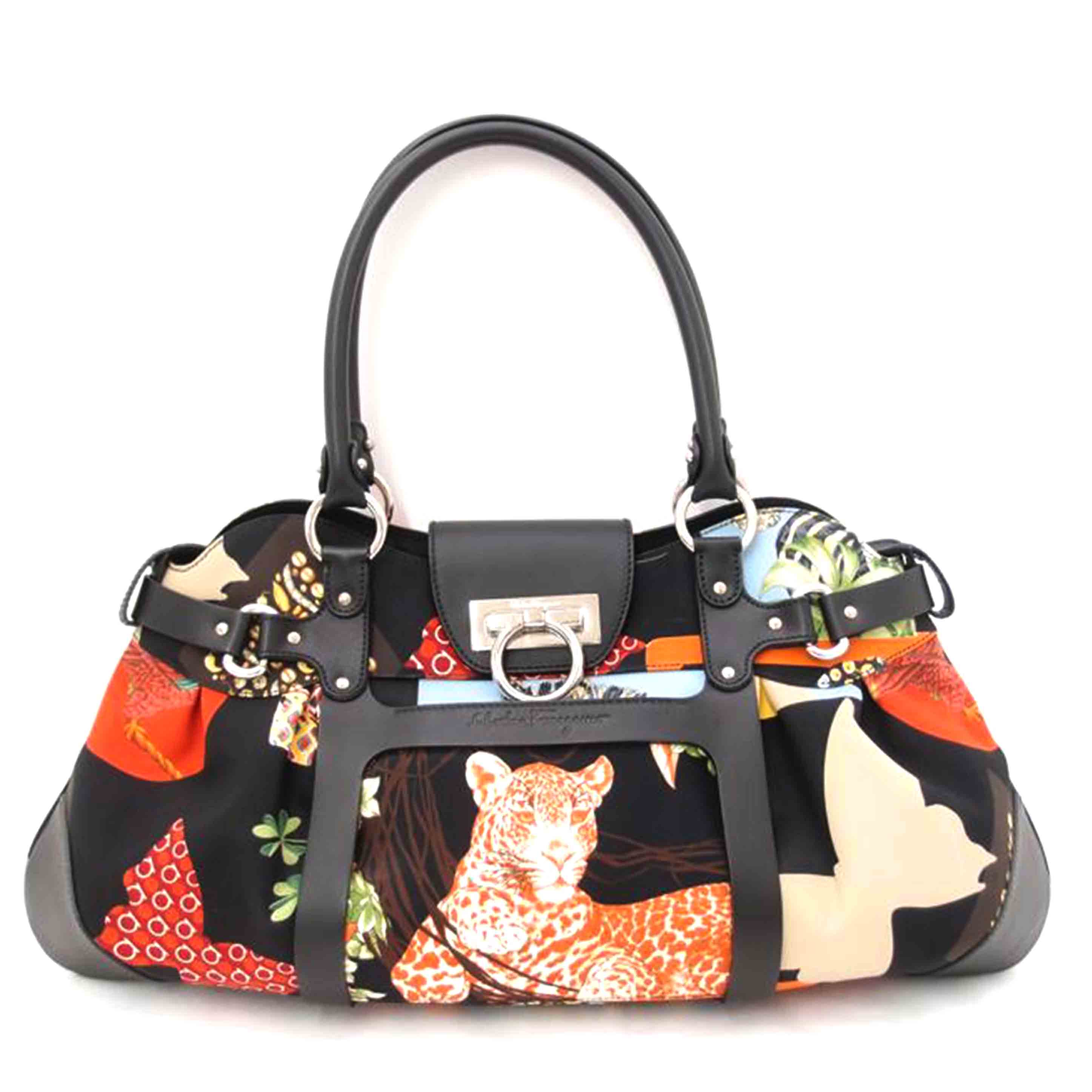 Ferragamo フェラガモ 黒 動物柄 ハンドバック ショルダーバッグ 肩掛け レディース/ガンチーニアニマルトート/ブラック/21/7477//Aランク/69