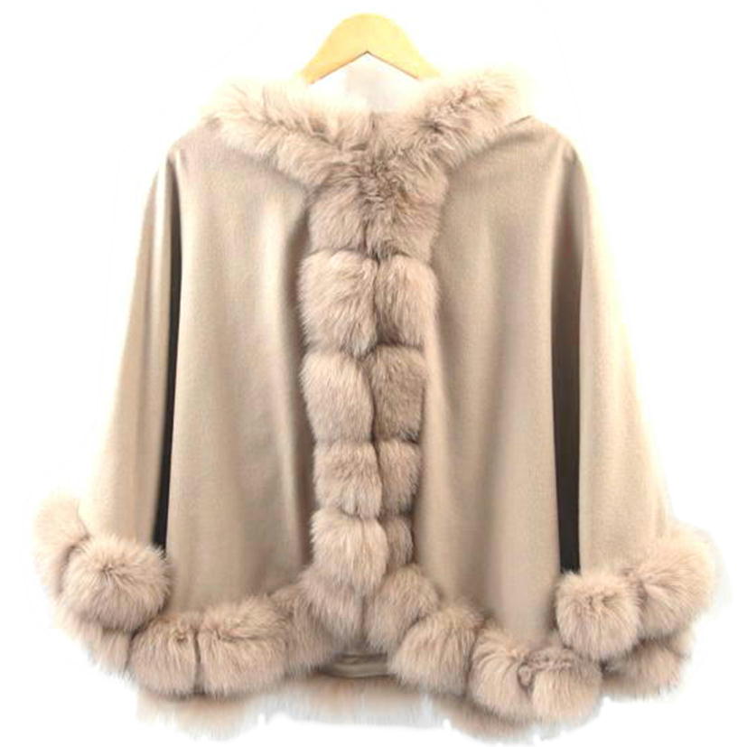 SAGA FURS/SAGA FURS カシミヤ100%ケープ ポンチョ フード襟 ブルーフォックス/ラビットファー ベージュ サイズM~L/J6690//ABランク/83