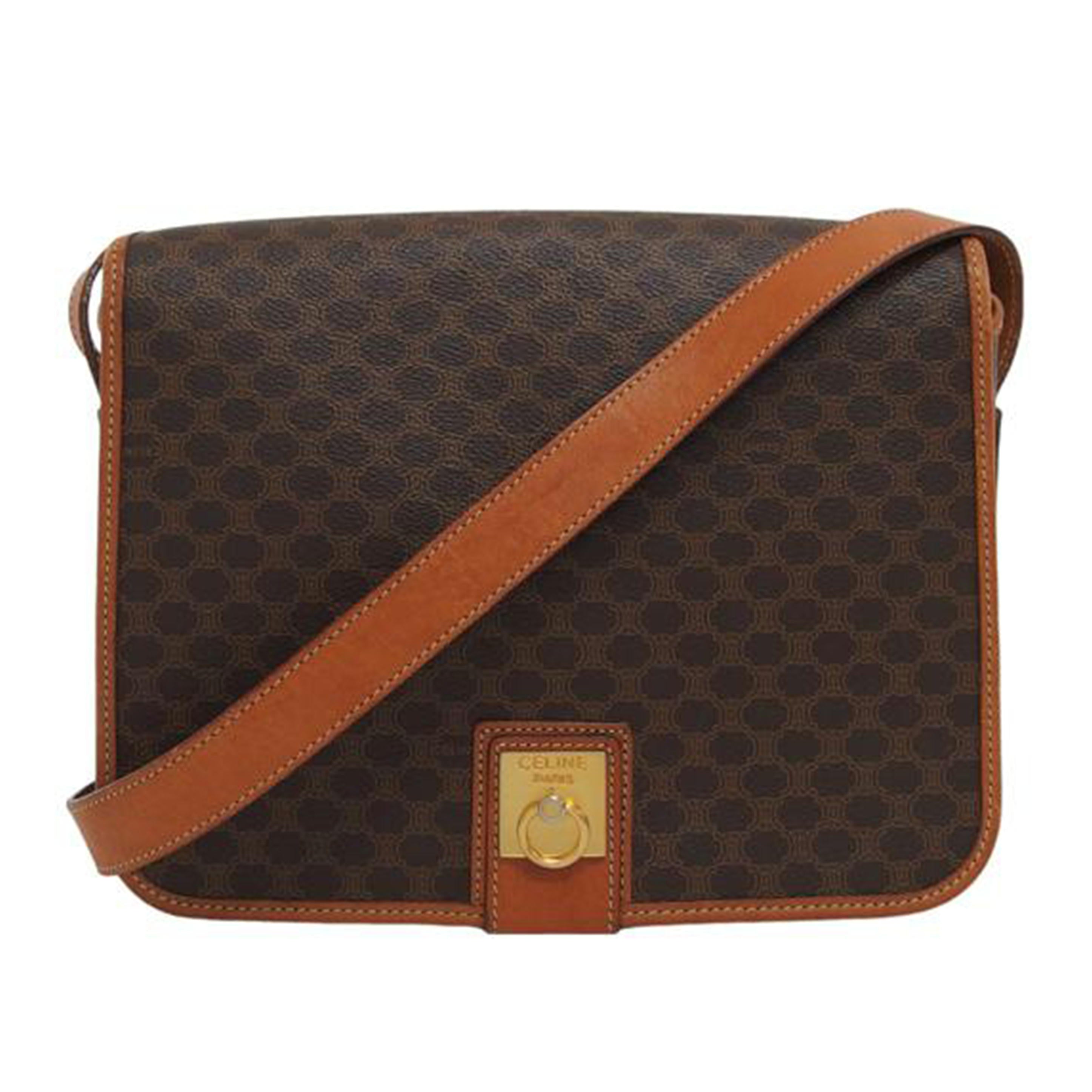 CELINE セリーヌ ヴィンテージ ゴールド金具 PVC レザー/マカダム柄ショルダーバッグ/ブラウン//M13/Bランク/04