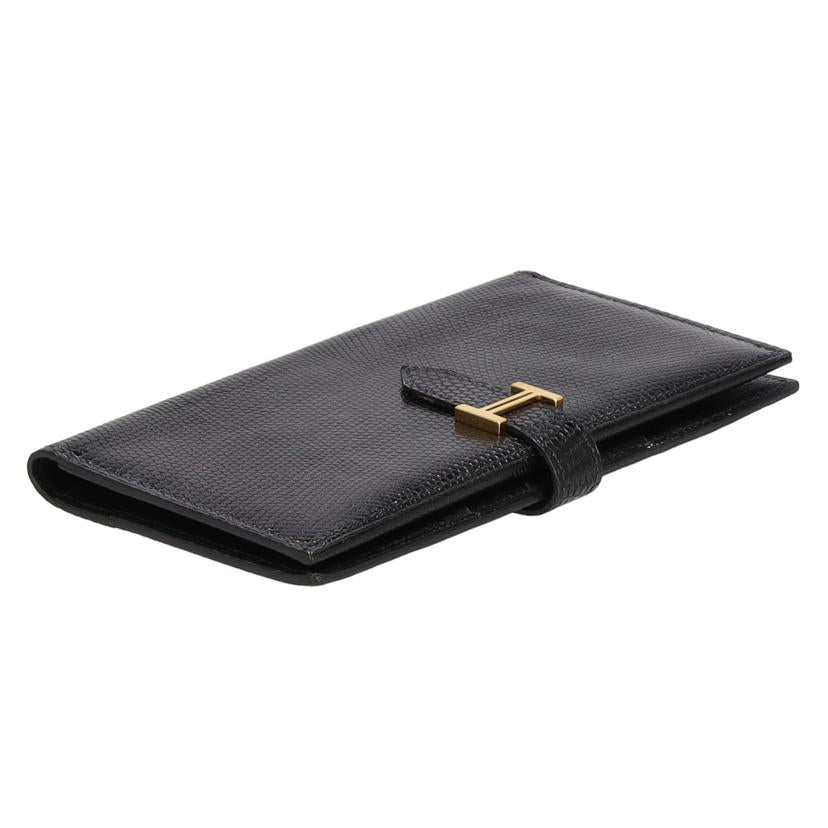 HERMES エルメス/ベアンHロゴ/ゴールド金具/リザード・ブラック//□G/ABランク/75