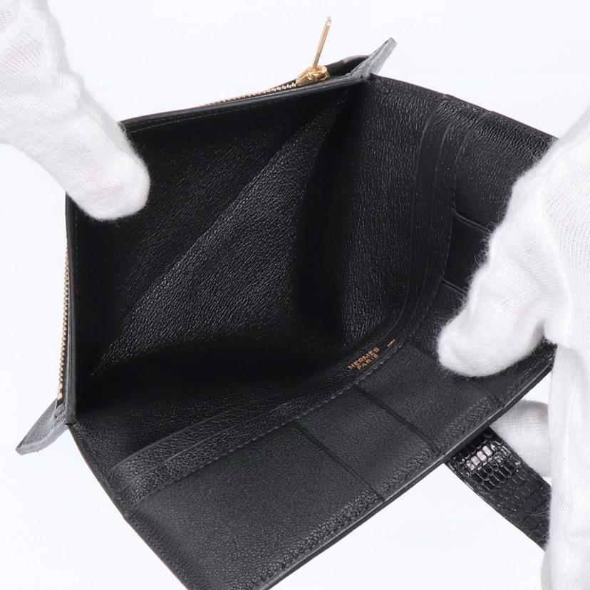 HERMES エルメス/ベアンHロゴ/ゴールド金具/リザード・ブラック//□G/ABランク/75
