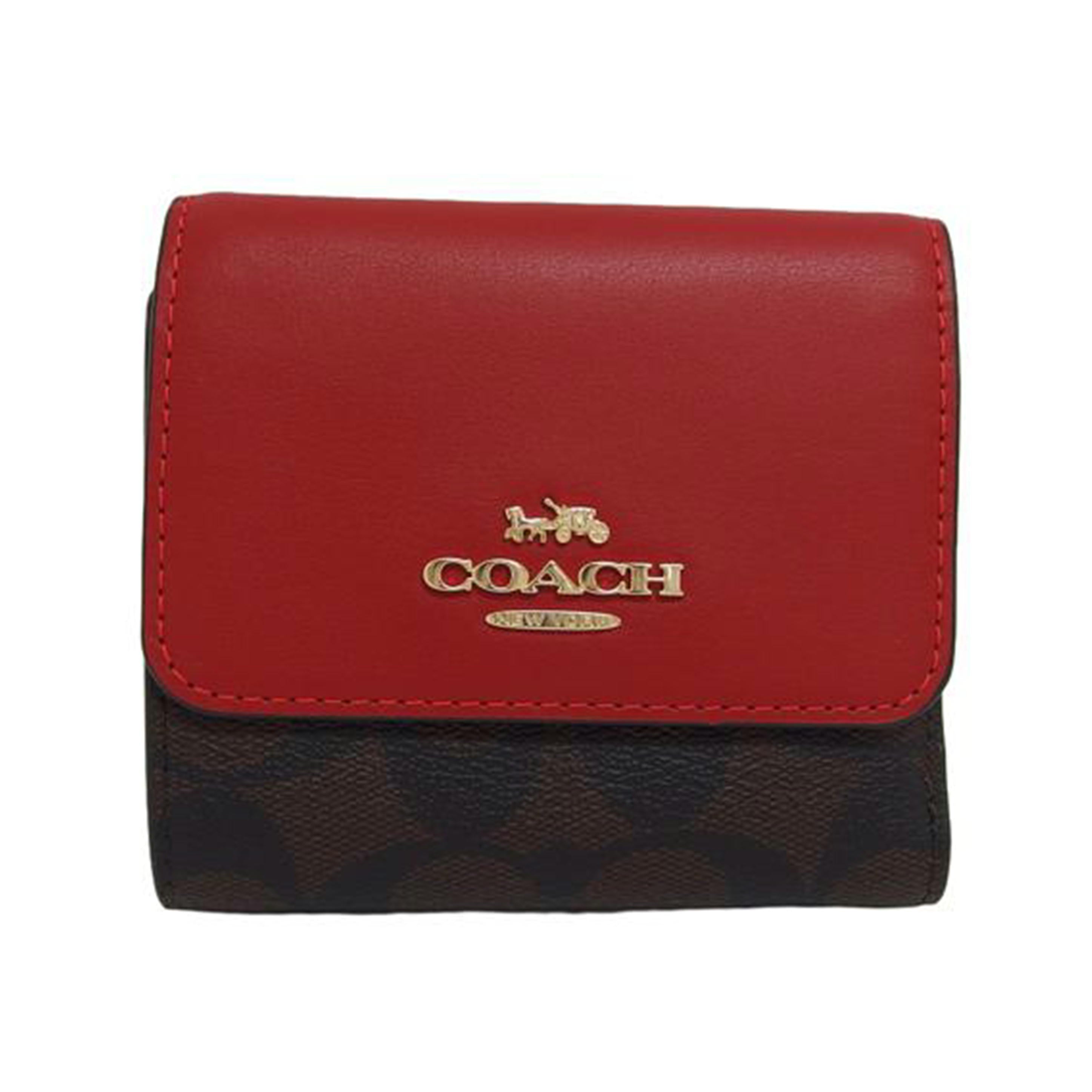 COACH コーチ 財布 レザー PVC ブラウン×レッド/シグネチャー/三つ折りコンパクトウォレット/CE930//H22**/Aランク/04