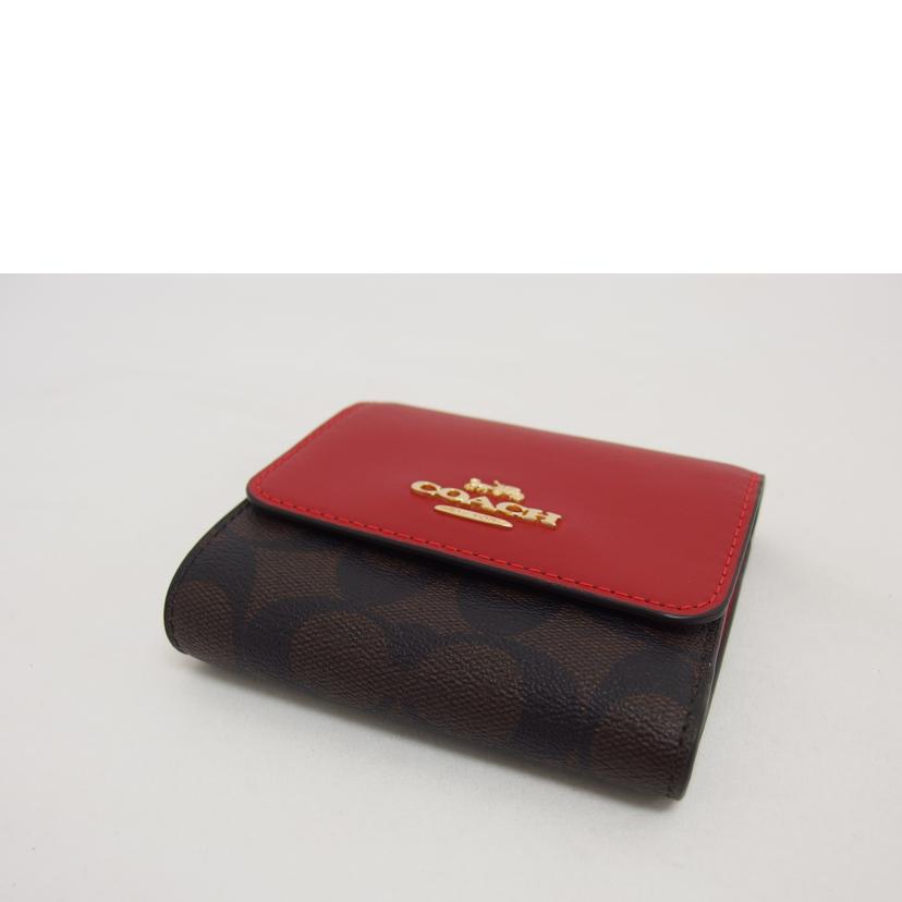 COACH コーチ 財布 レザー PVC ブラウン×レッド/シグネチャー/三つ折りコンパクトウォレット/CE930//H22**/Aランク/04