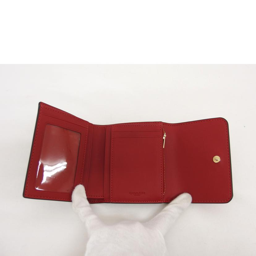 COACH コーチ 財布 レザー PVC ブラウン×レッド/シグネチャー/三つ折りコンパクトウォレット/CE930//H22**/Aランク/04