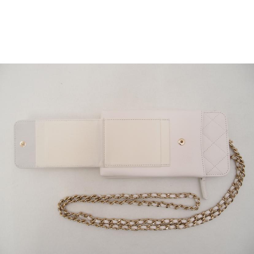 CHANEL シャネル スマホケース フォンケース カードケース 白 レディース ゴールド金具 未使用品 プレゼント/マトラッセスマホチェーンショルダー/キャビアスキン/ホワイト/AP0990//315*****/Sランク/69