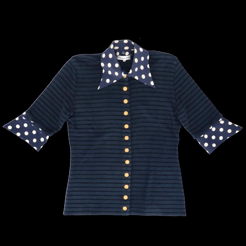 C．DIOR/ヴィンテージカーディガンネイビーxドット　シルク／レーヨン／綿／金ボタン//ABランク/82