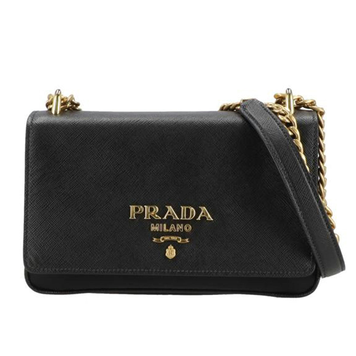 PRADA プラダ/PATTINAテスート＋サフィアーノチェンショルダー/ネロ（黒）/1BD144//158/ABランク/24