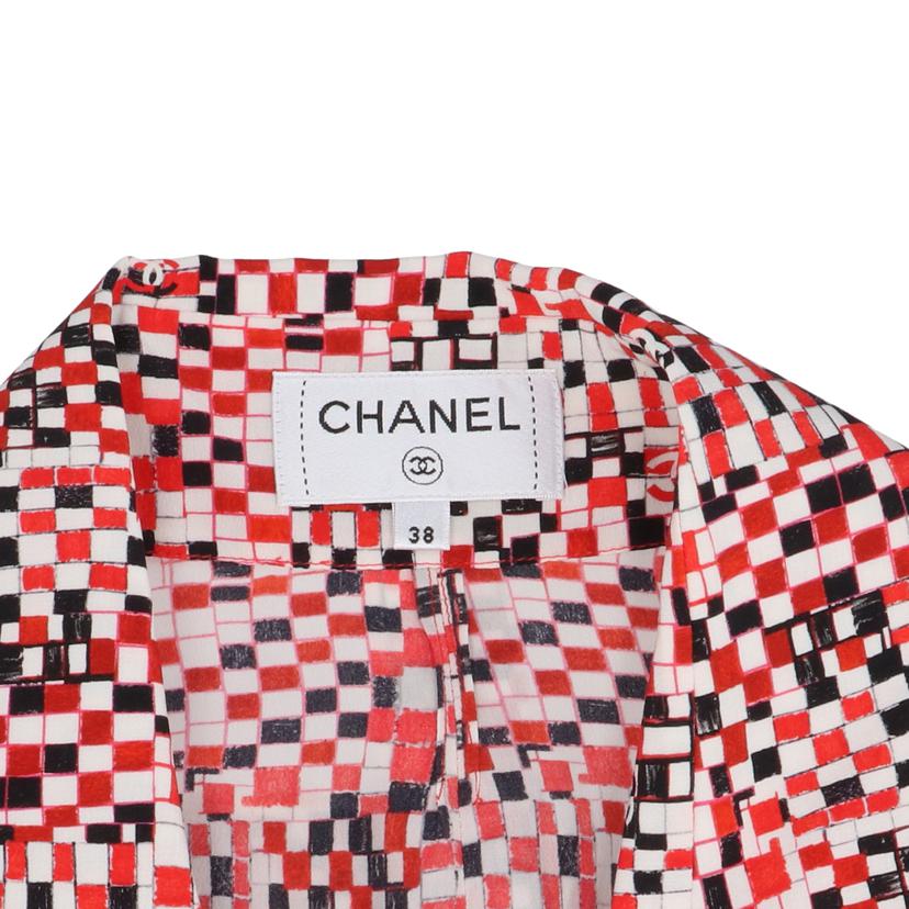 CHANEL/シルク100％ボタンシャツチェックココマークレッド/P57191V43288//ABランク/92