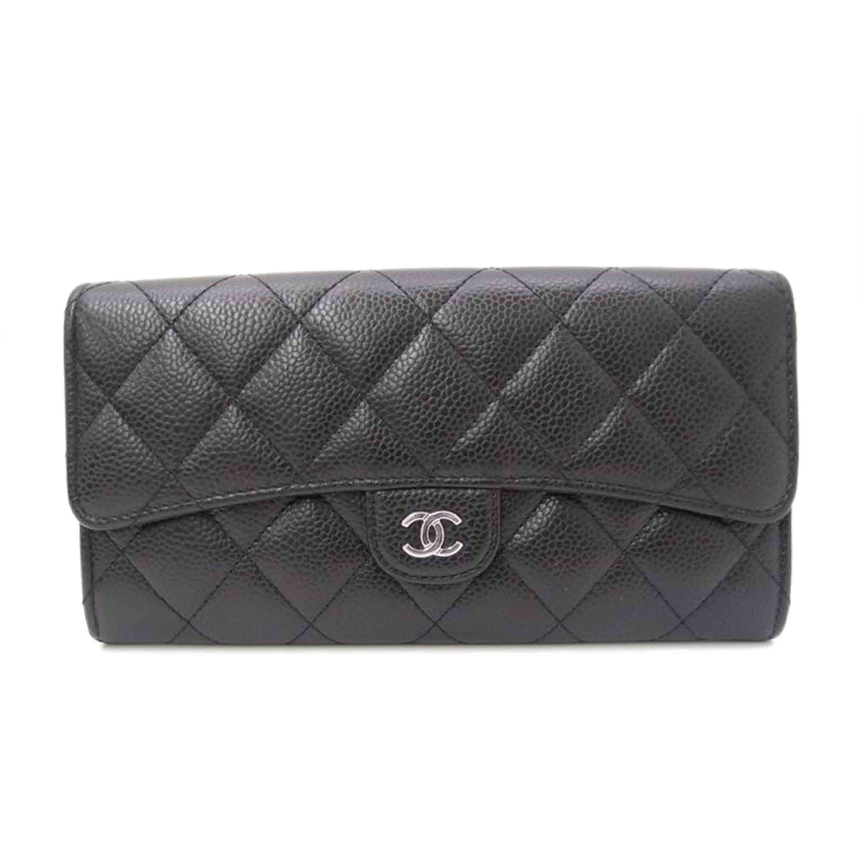 CHANEL/マトラッセキャビアスキン二つ折り長財布／ブラック/A80758//318*****/Aランク/69