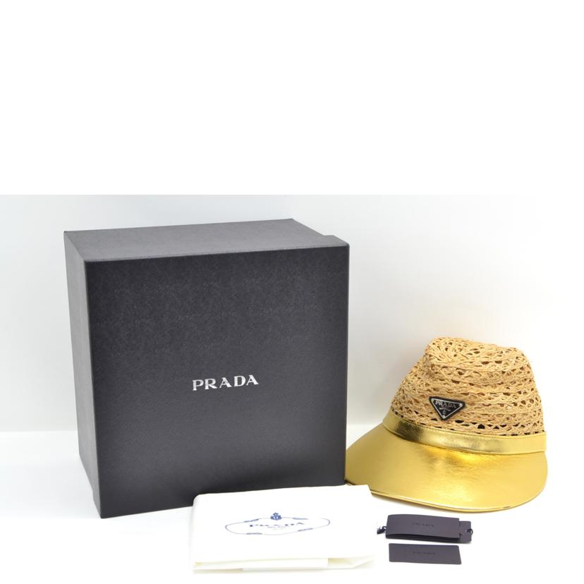 PRADA／25 プラダ/プラダ／ラフィア×ナッパレザーバイザーハット／M/1HC225//Sランク/75